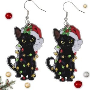 Artlunar Christmas Earrings – Festive Holiday Drop Earrings for Women – Cute Jingle Bell, Black Cat & Christmas Sock Designs