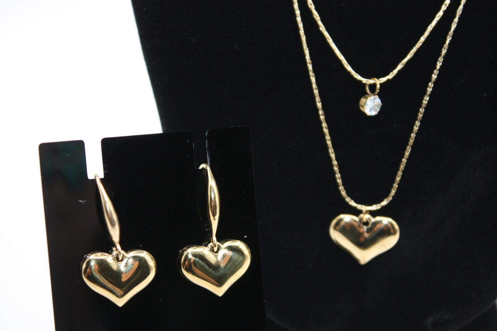 18K Gold Double-Layer Puffy Heart Pendant & Drop Earrings Set | Vibelle Jewel - Image 3
