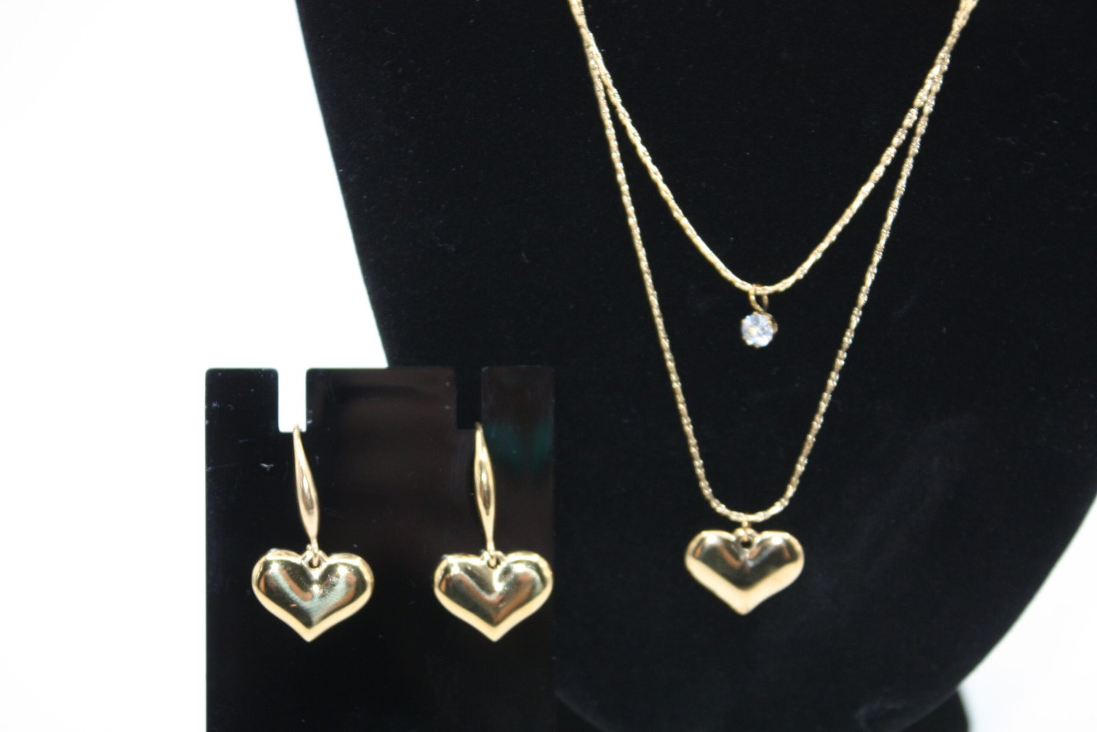 18K Gold Double-Layer Puffy Heart Pendant & Drop Earrings Set | Vibelle Jewel - Image 4
