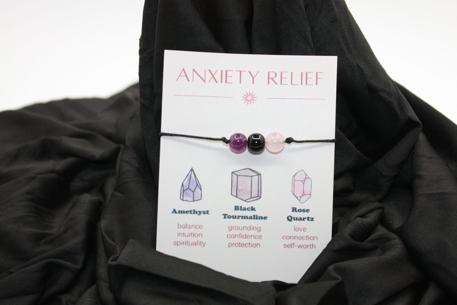 Anxiety Relief Crystal Cord Bracelet | Amethyst, Black Tourmaline & Rose Quartz - Image 4