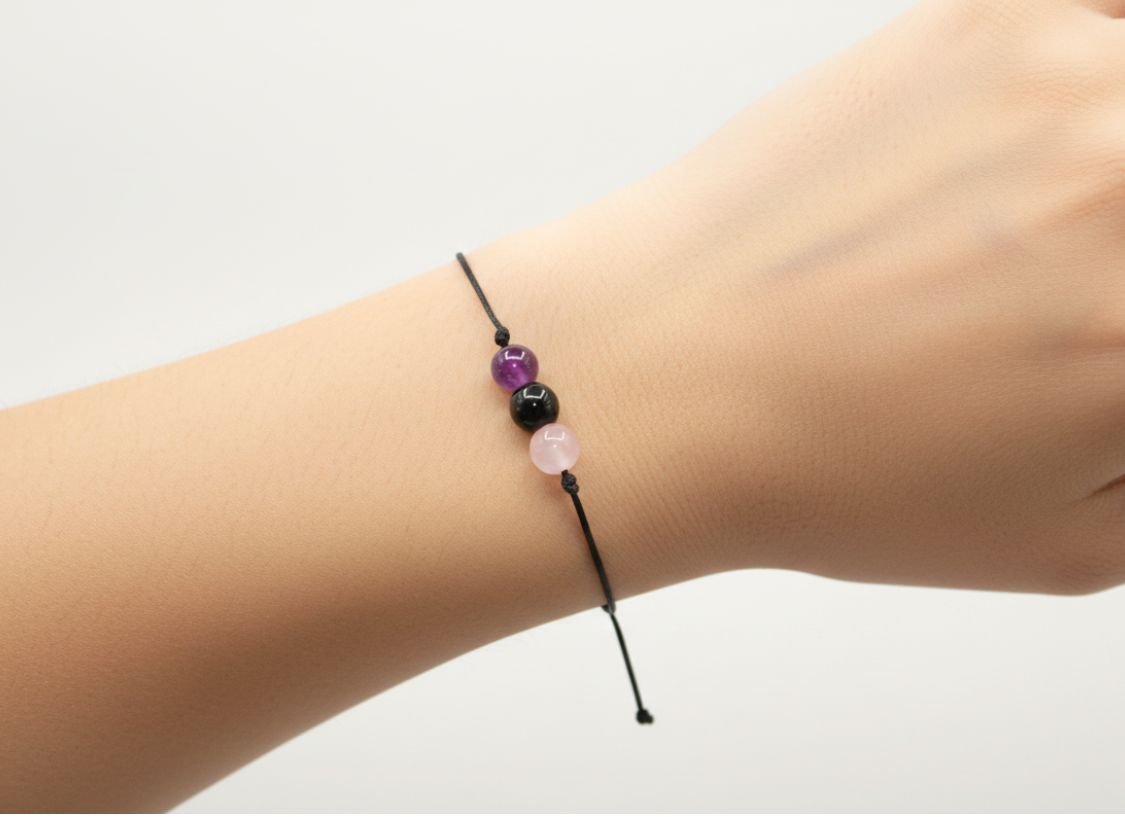 Anxiety Relief Crystal Cord Bracelet | Amethyst, Black Tourmaline & Rose Quartz - Image 2