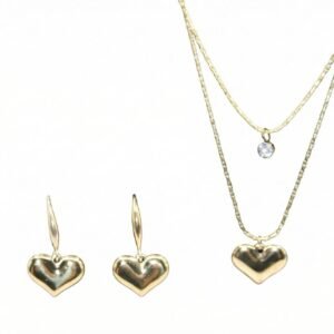 18K Gold Double-Layer Puffy Heart Pendant & Drop Earrings Set | Vibelle Jewel