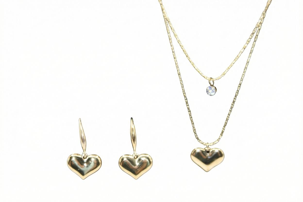 18K Gold Double-Layer Puffy Heart Pendant & Drop Earrings Set | Vibelle Jewel