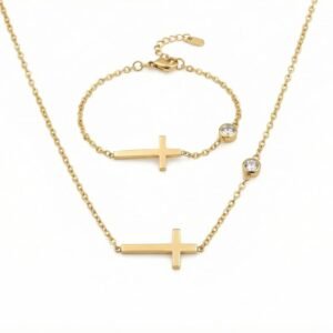 18K Gold Modern Cross Pendant Necklace & Choker Set