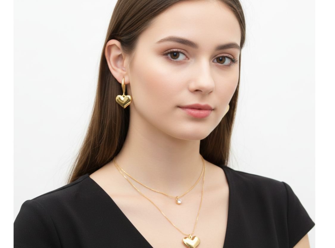 18K Gold Double-Layer Puffy Heart Pendant & Drop Earrings Set | Vibelle Jewel - Image 2