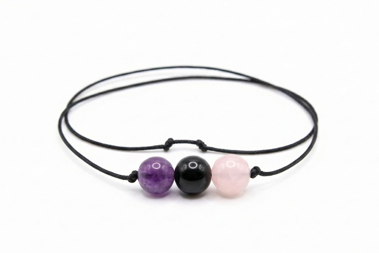 Anxiety Relief Crystal Cord Bracelet | Amethyst, Black Tourmaline & Rose Quartz