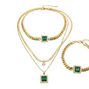 18K Gold Emerald Stone Layered Chain Set