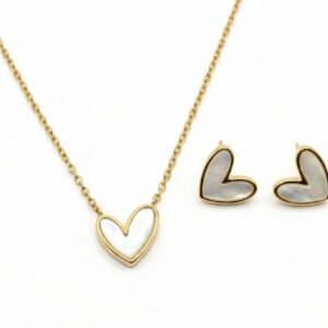 18K Gold Dainty Mother of Pearl Heart Necklace & Stud Set